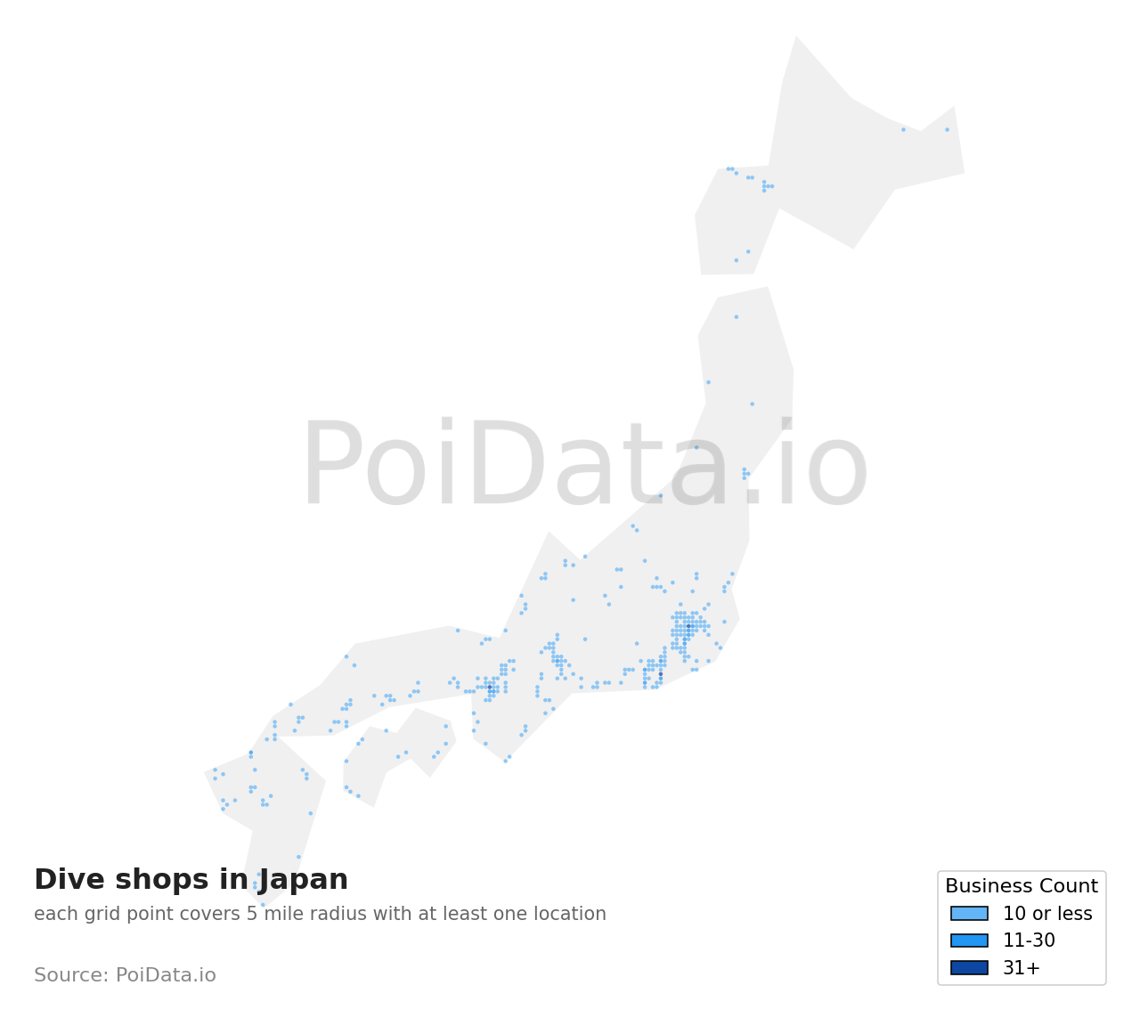Dive shop density map for Japan