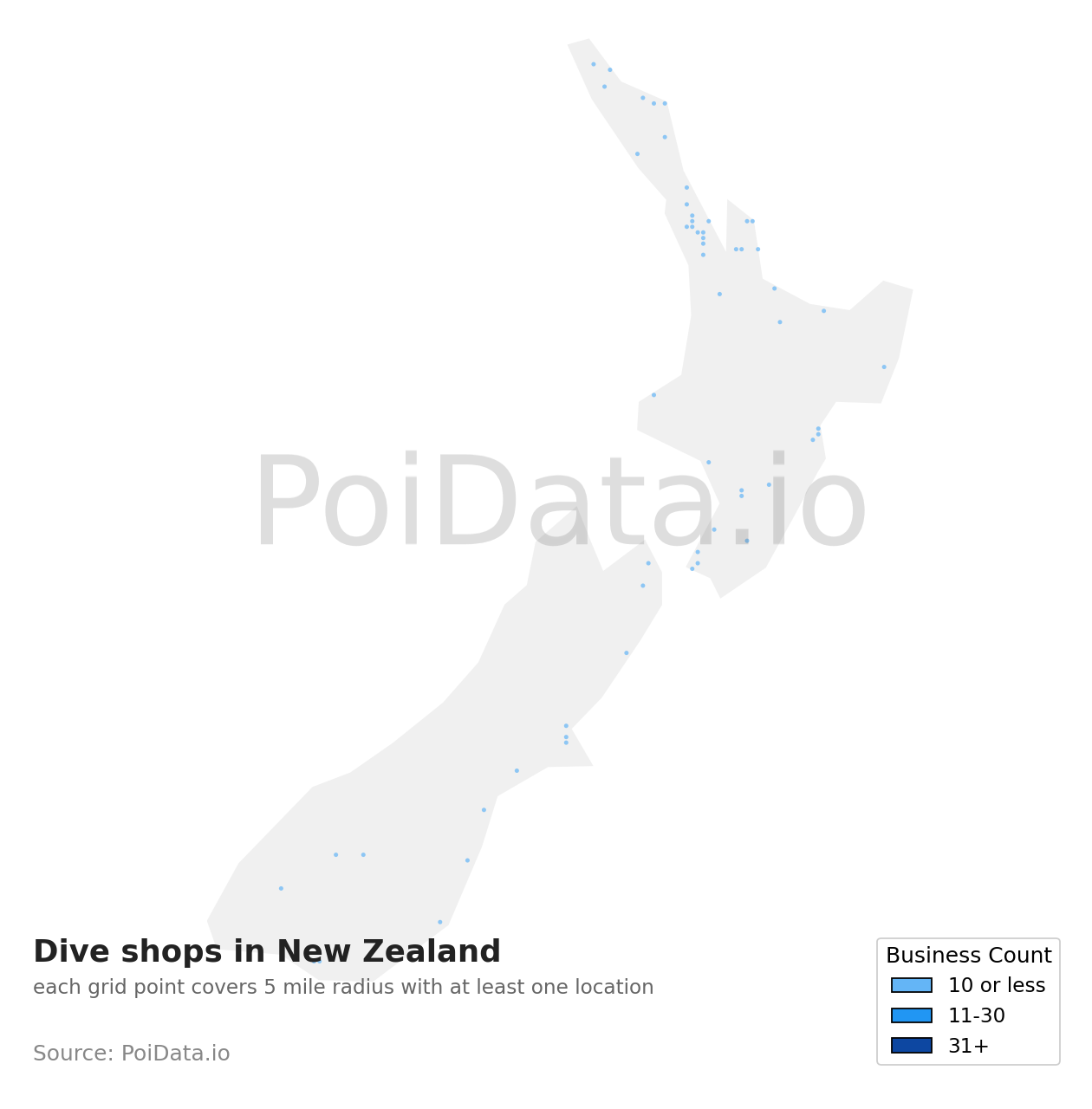 Dive shop density map for New Zealand