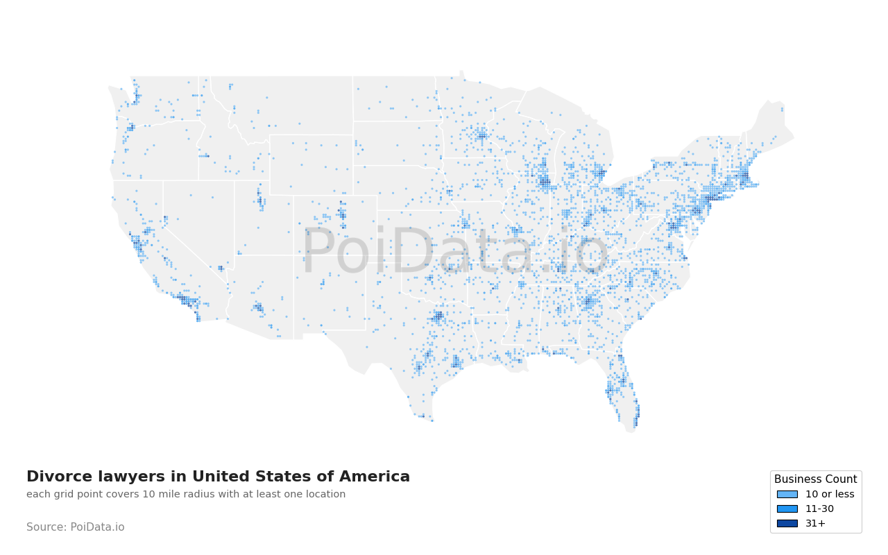 Divorce lawyer density map for Florida, United States