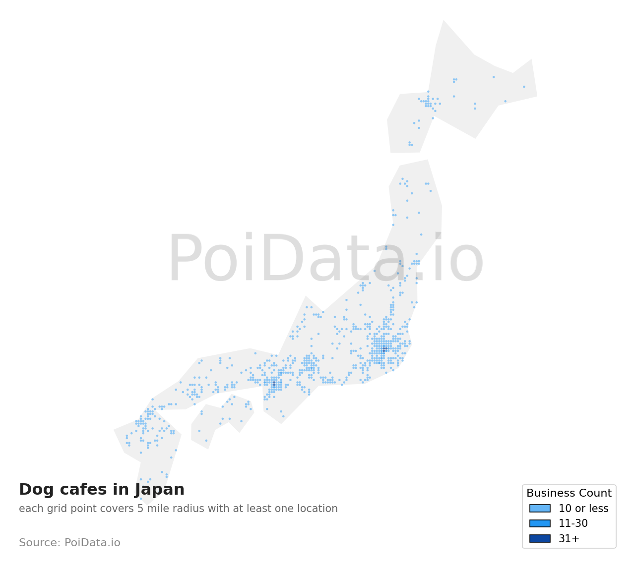 Dog cafe density map for Japan
