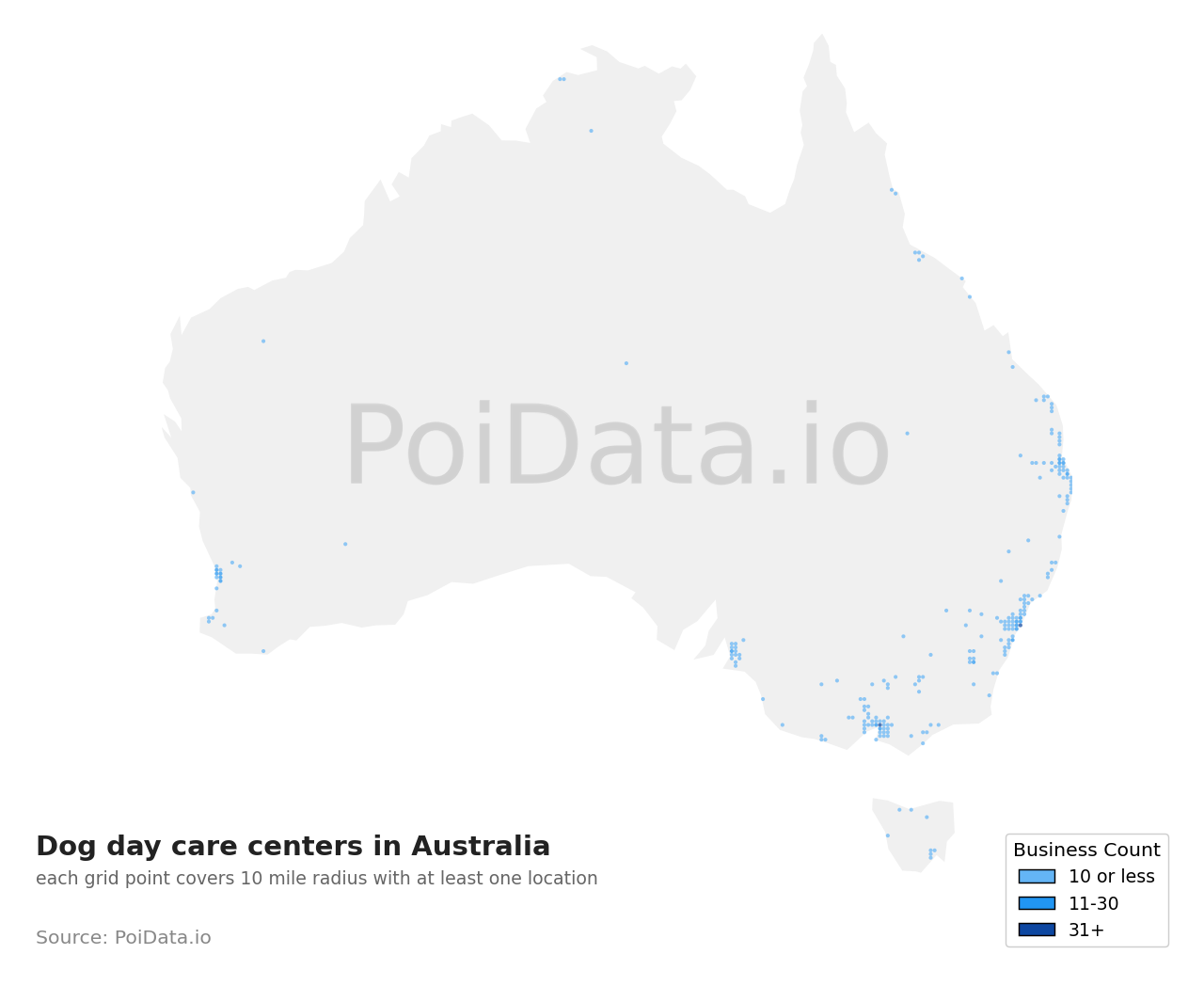 Dog day care center density map for Australia
