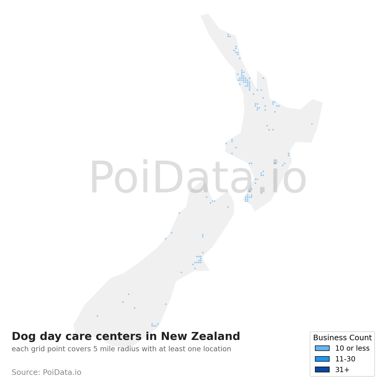 Dog day care center density map for New Zealand