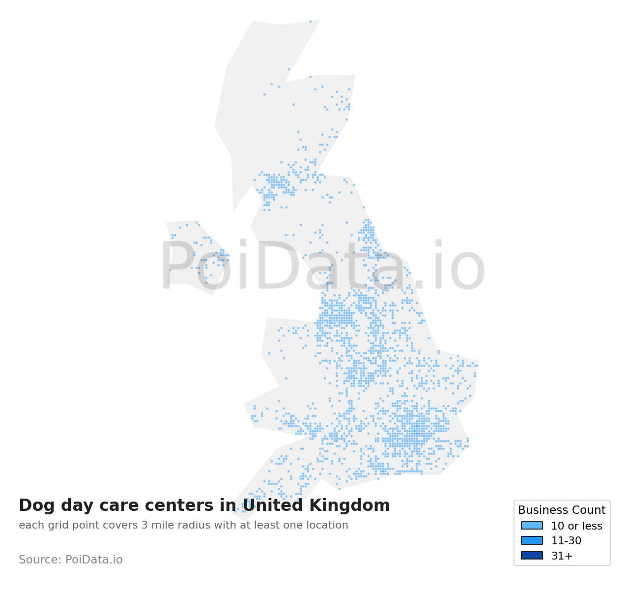 Dog day care center density map for United Kingdom