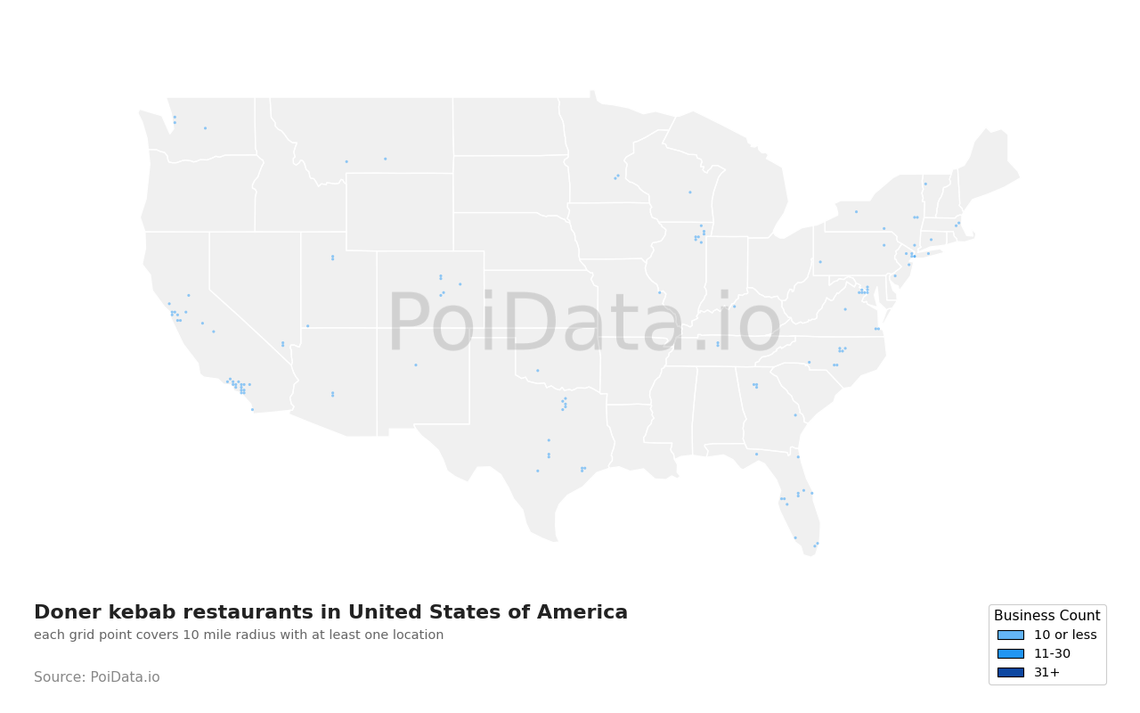 Doner kebab restaurant density map for United States