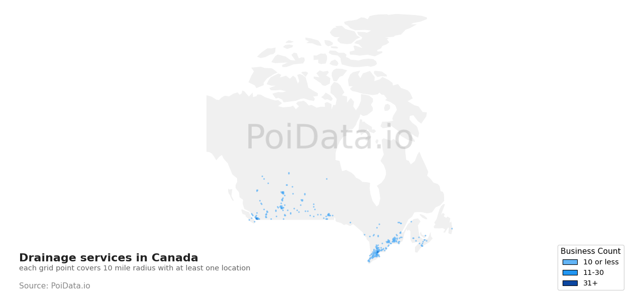 Drainage service density map for Newfoundland and Labrador, Canada