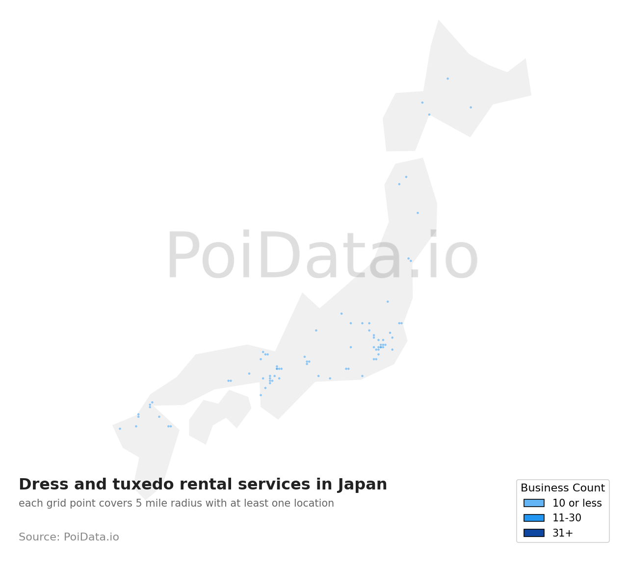 Dress and tuxedo rental service density map for Japan