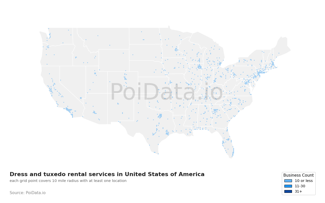 Dress and tuxedo rental service density map for Utah, United States