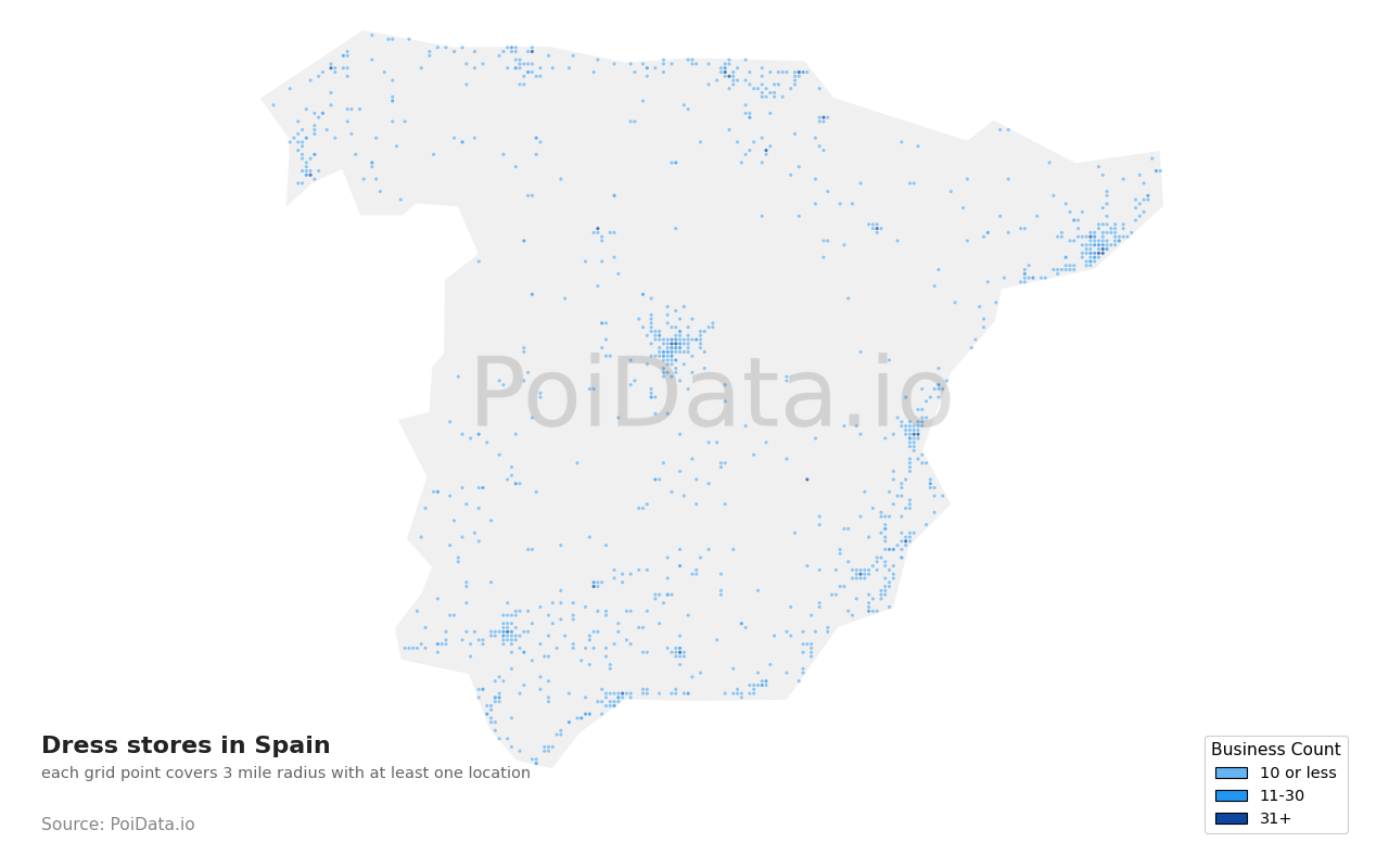 Dress store density map for Spain