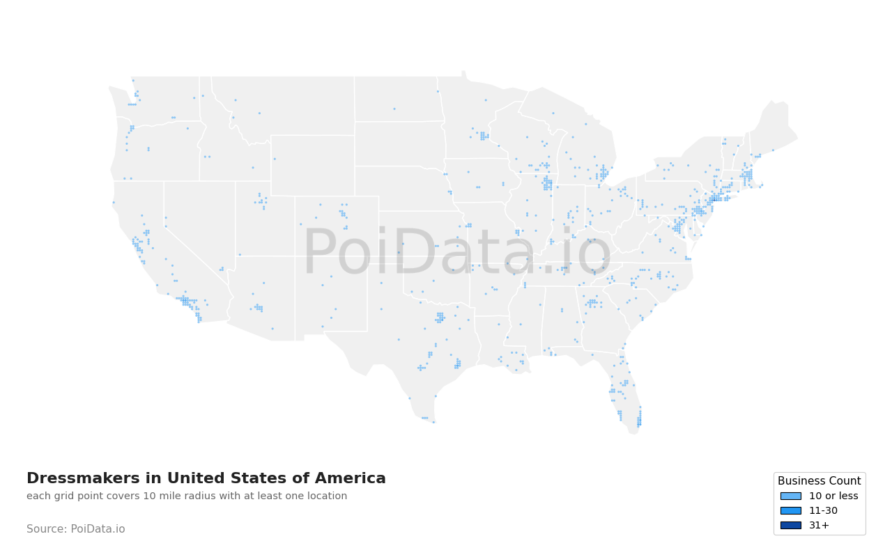 Dressmaker density map for United States