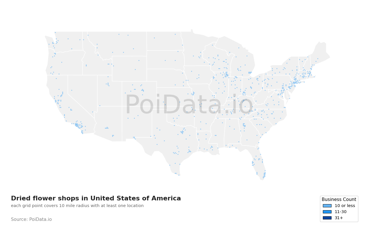 Dried flower shop density map for Florida, United States