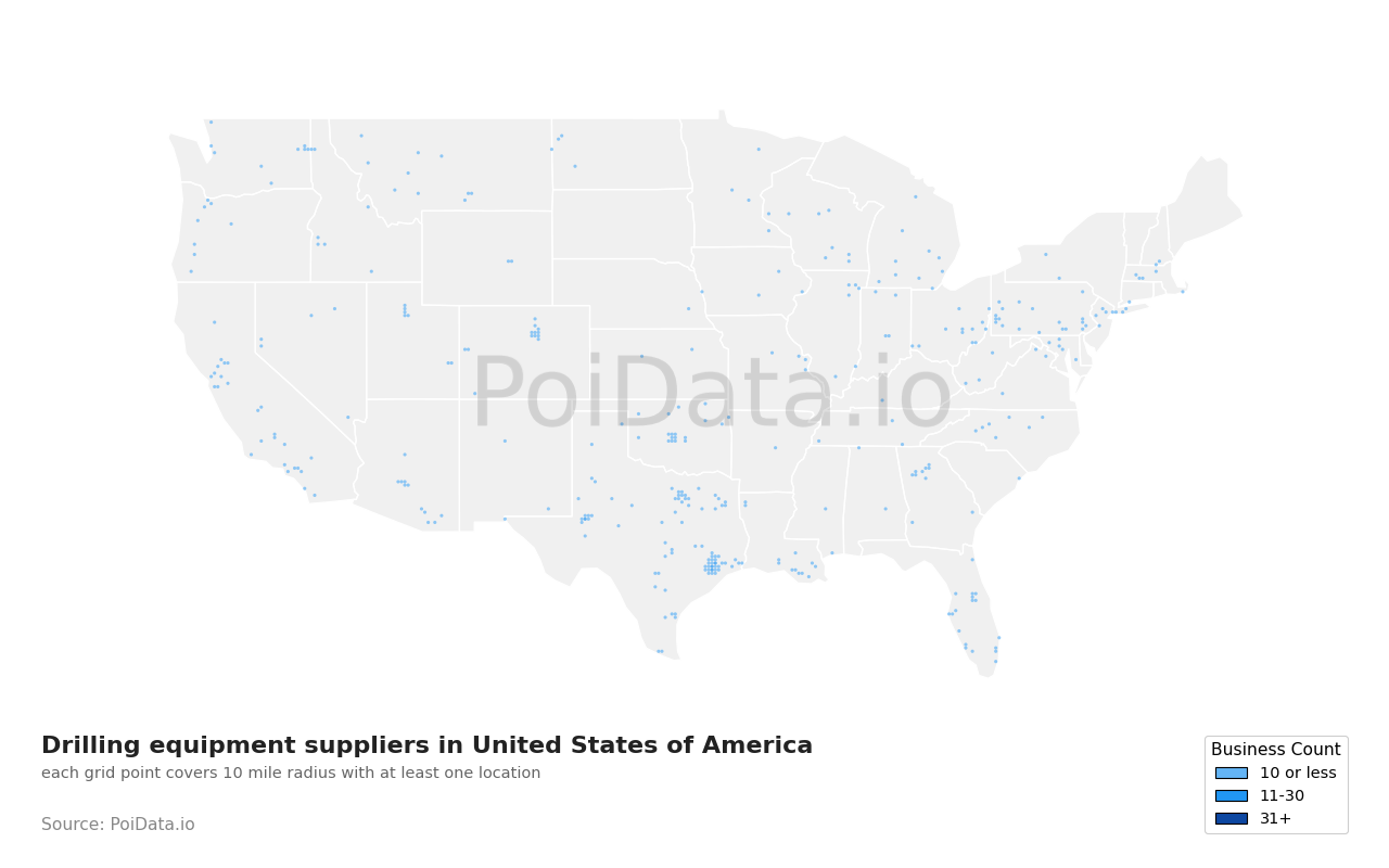 Drilling equipment supplier density map for United States