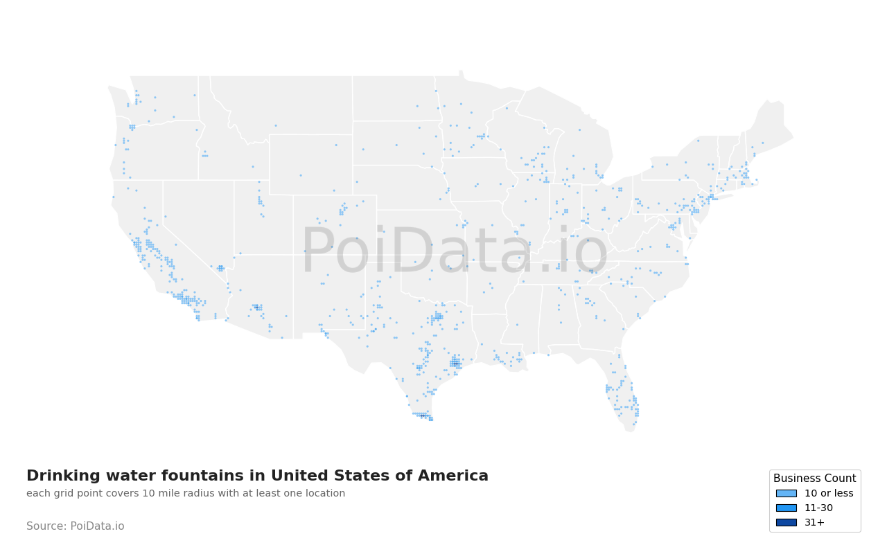 Drinking water fountain density map for Florida, United States