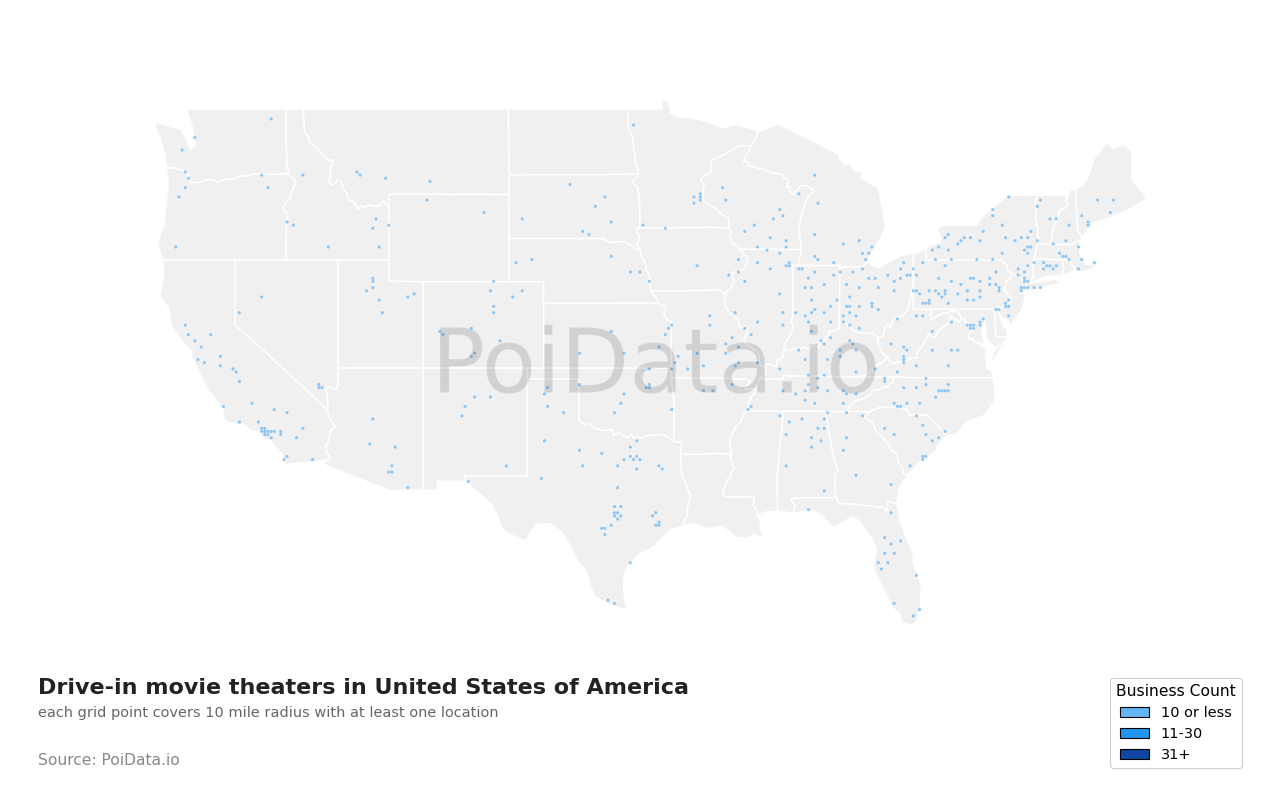 Drive-in movie theater density map for United States