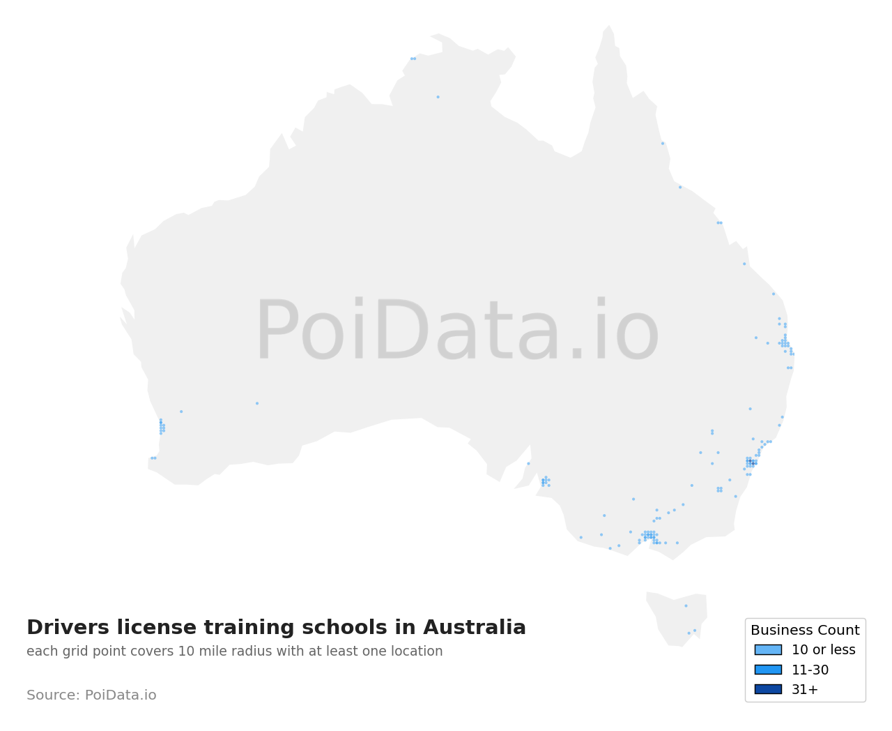 Drivers license training school density map for Australia