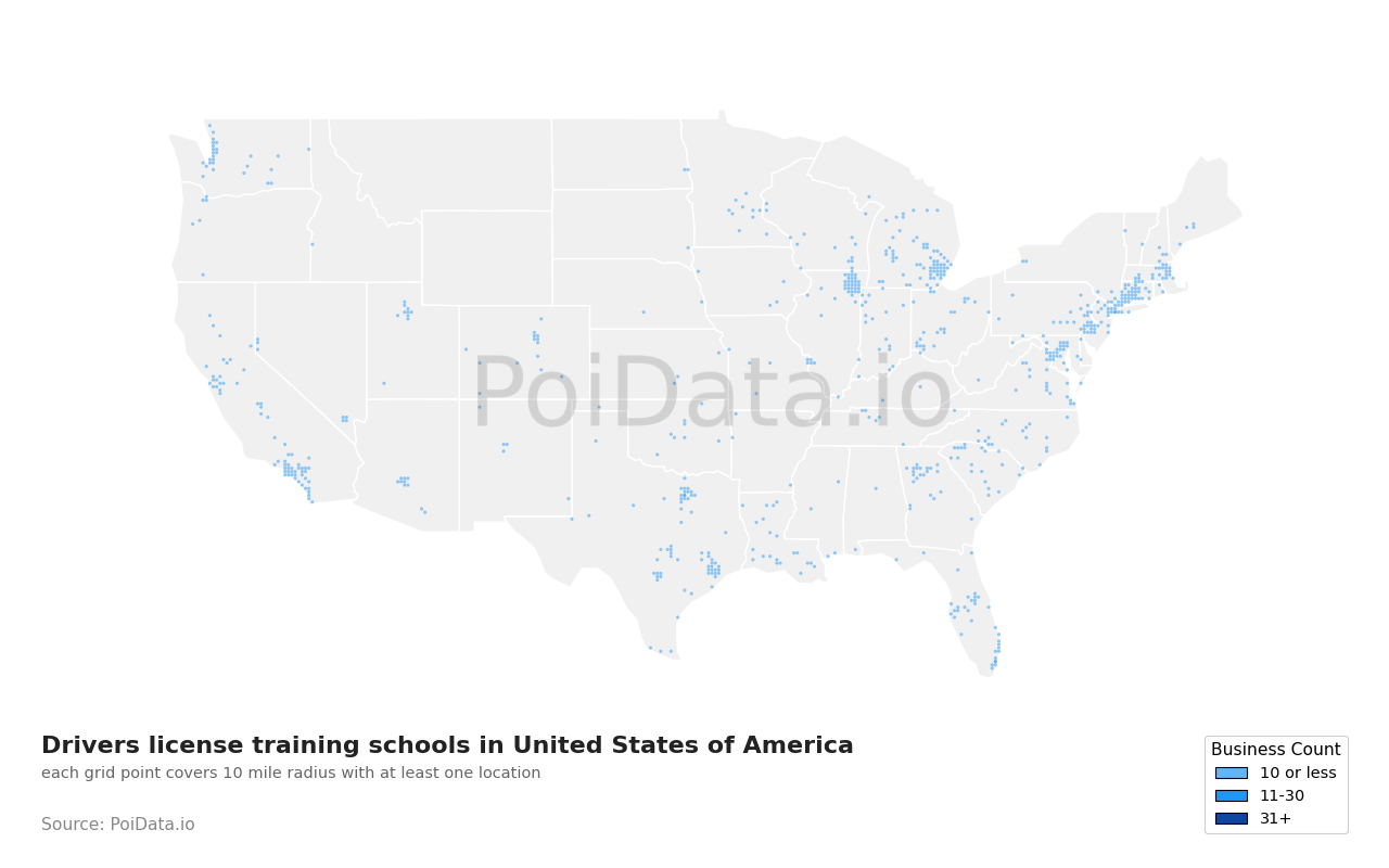 Drivers license training school density map for United States