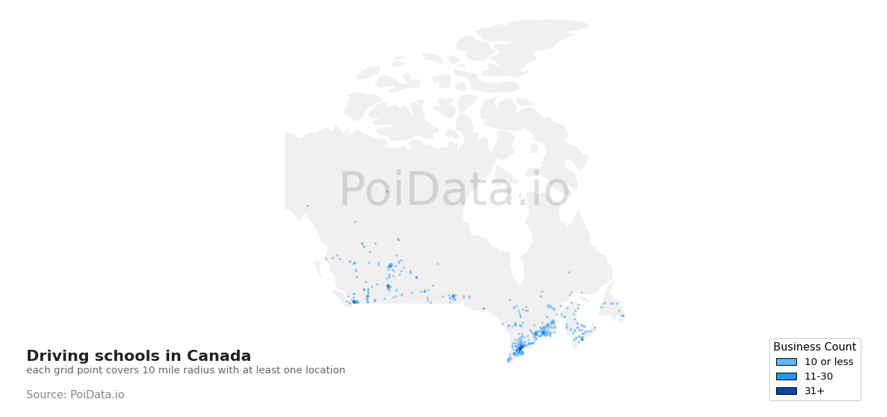 Driving school density map for Alberta, Canada