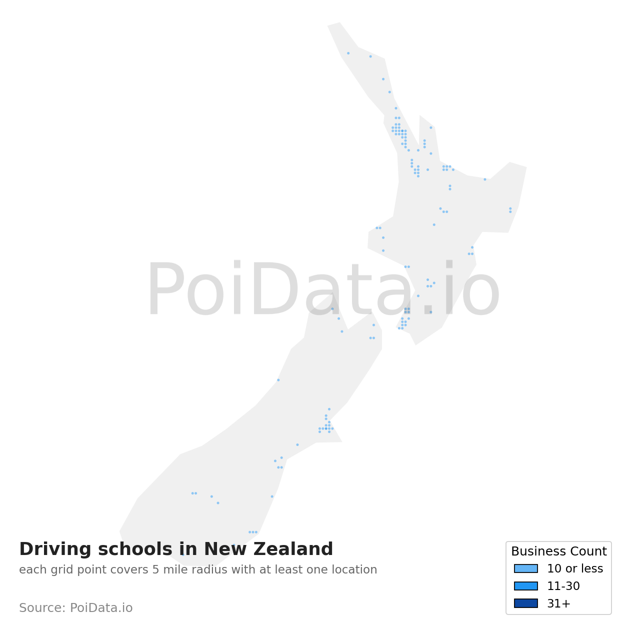 Driving school density map for New Zealand