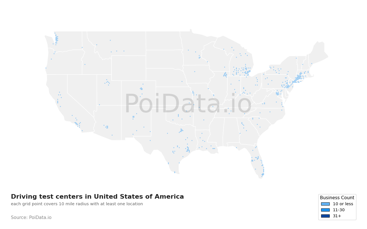 Driving test center density map for Florida, United States