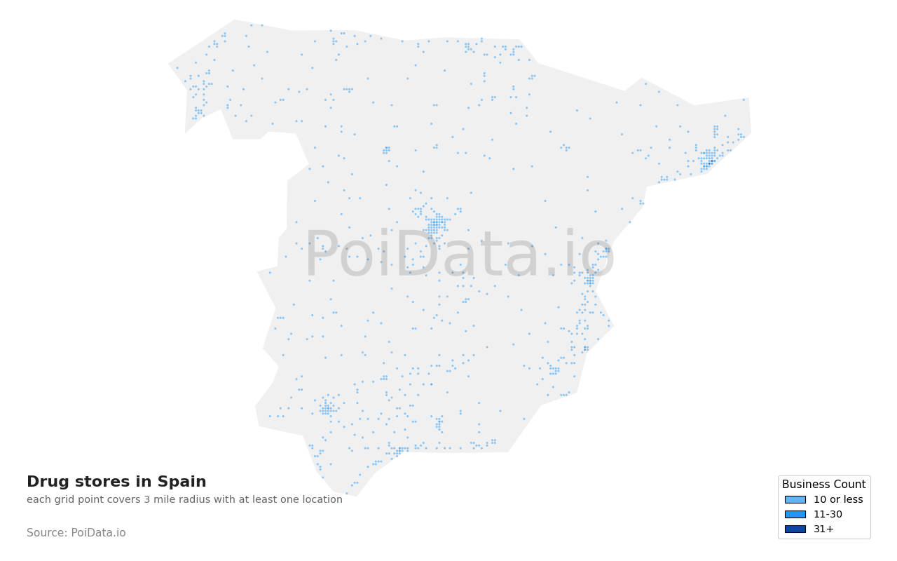 Drug store density map for Spain