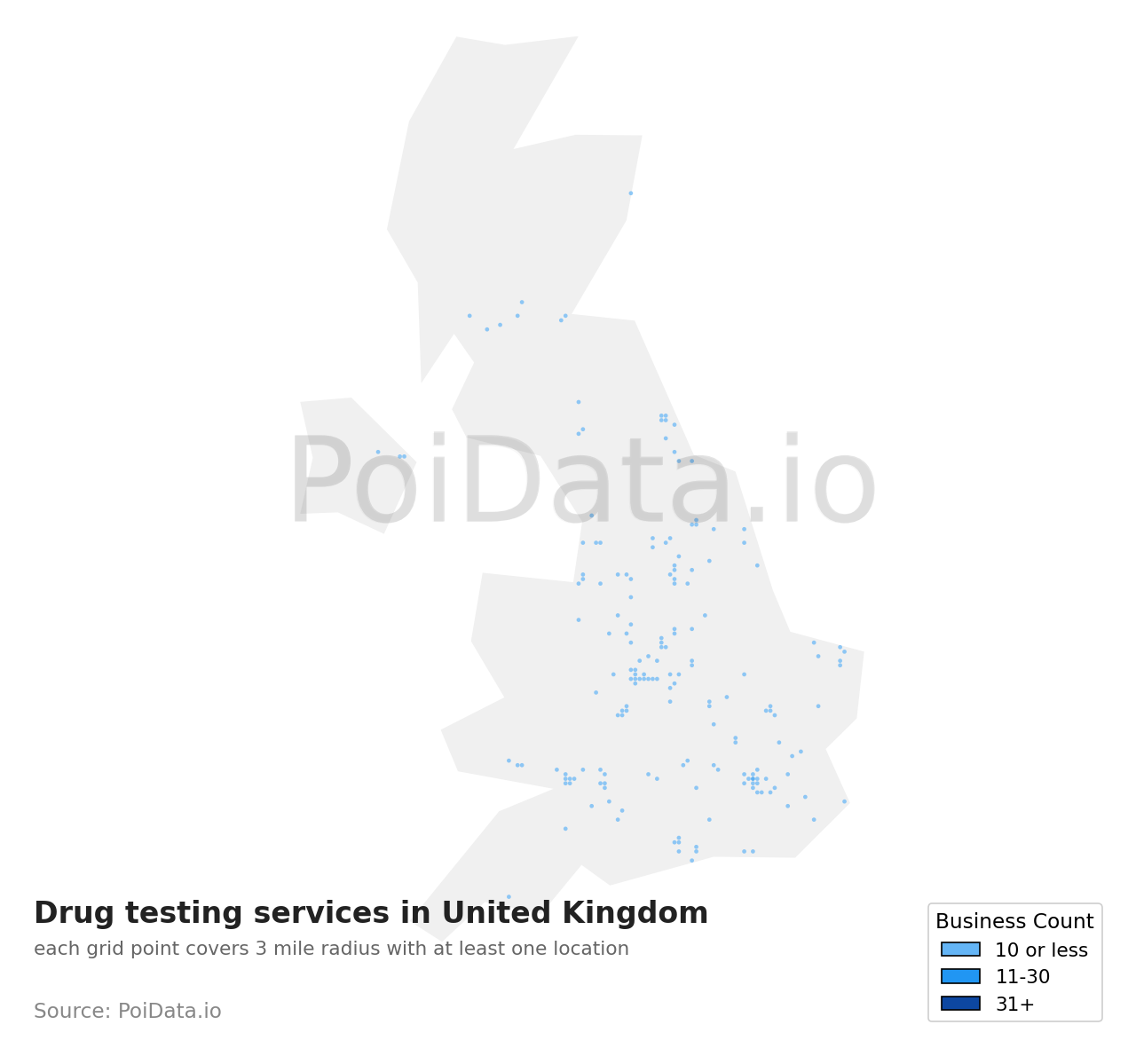 Drug testing service density map for United Kingdom