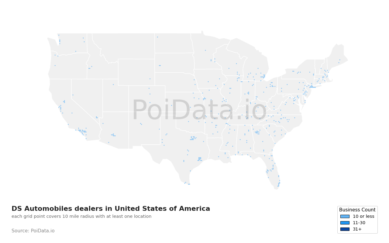 DS Automobiles dealer density map for United States