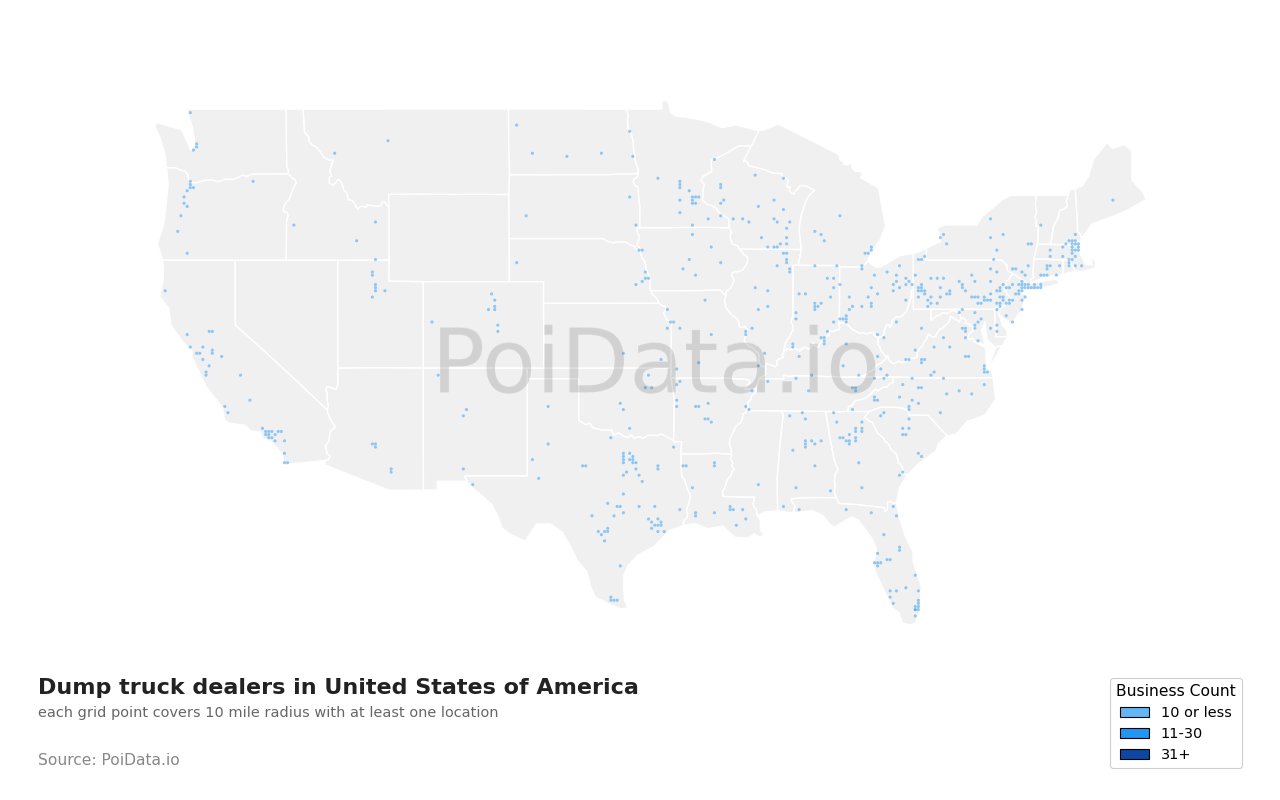 Dump truck dealer density map for California, United States