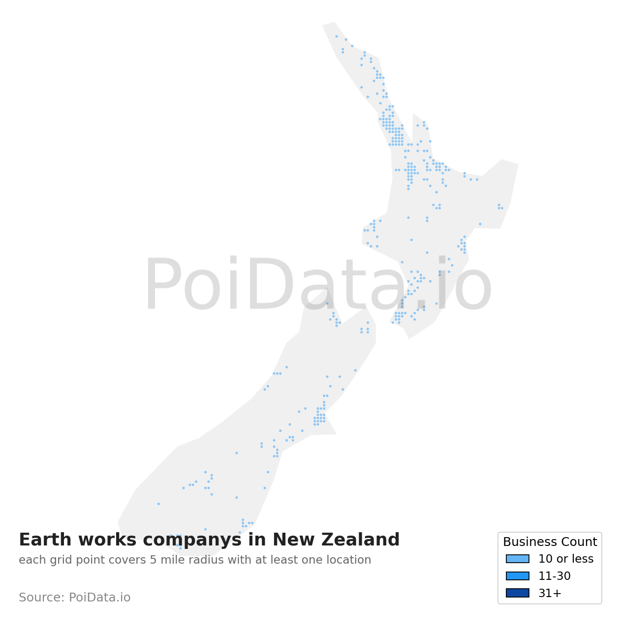 Earth works company density map for New Zealand