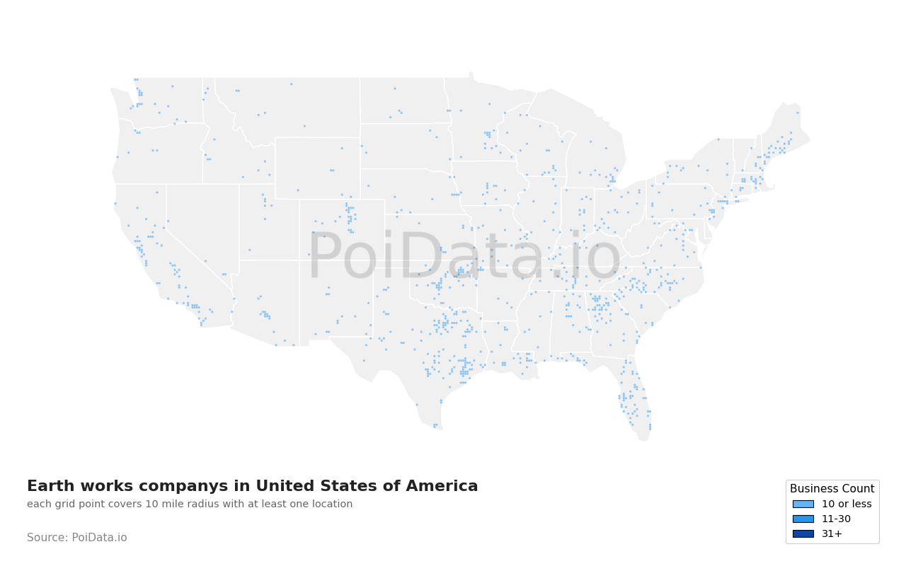 Earth works company density map for United States