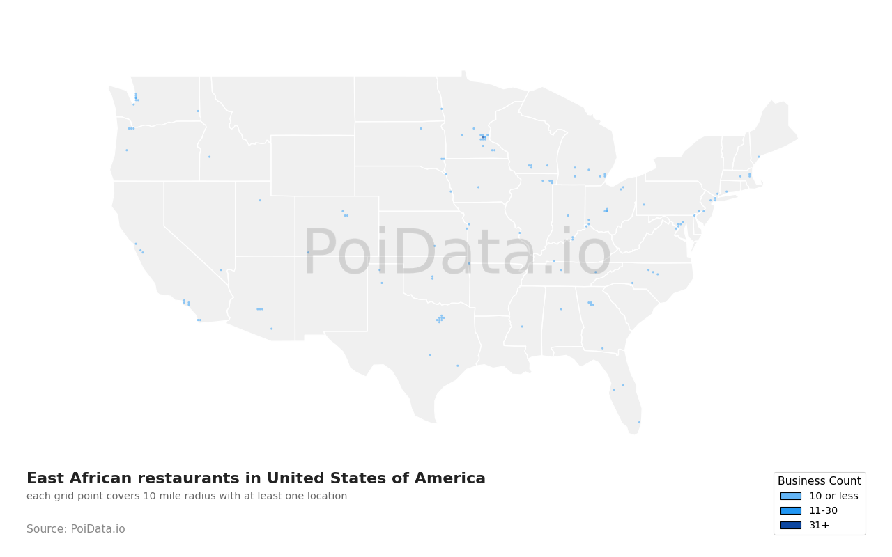 East African restaurant density map for Nevada, United States