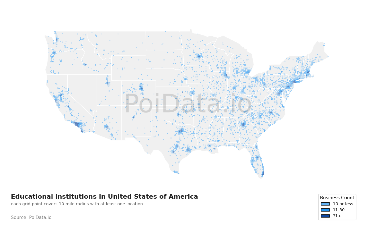 Educational institution density map for California, United States