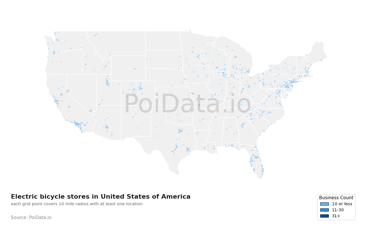 Electric bicycle store density map for New York, United States