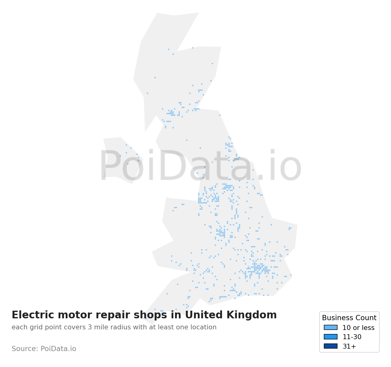 Electric motor repair shop density map for United Kingdom