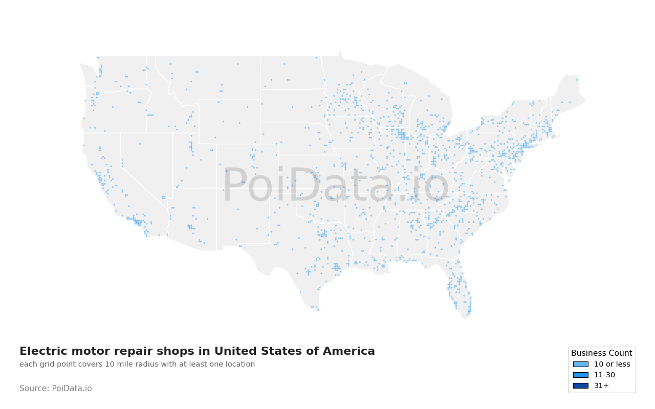 Electric motor repair shop density map for California, United States