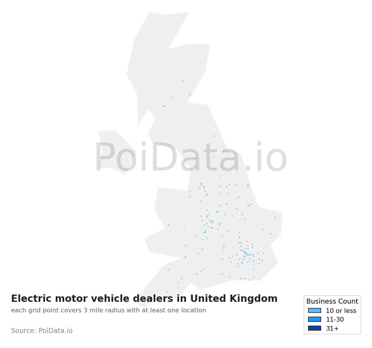 Electric motor vehicle dealer density map for United Kingdom