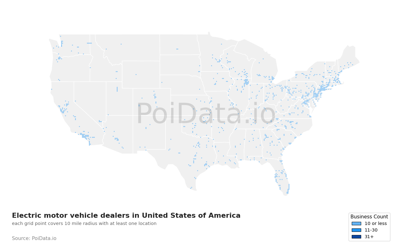 Electric motor vehicle dealer density map for Tennessee, United States