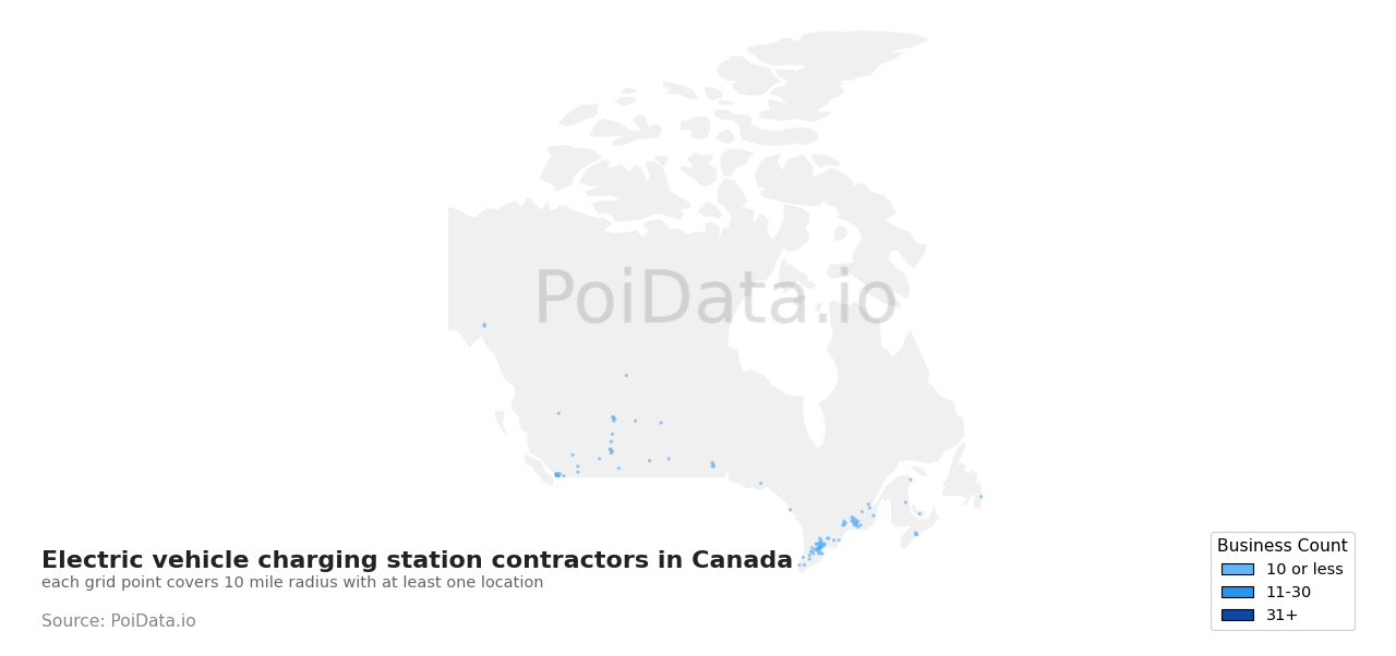 Electric vehicle charging station contractor density map for Canada