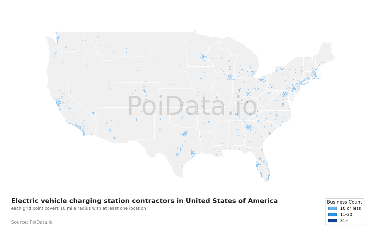 Electric vehicle charging station contractor density map for Florida, United States