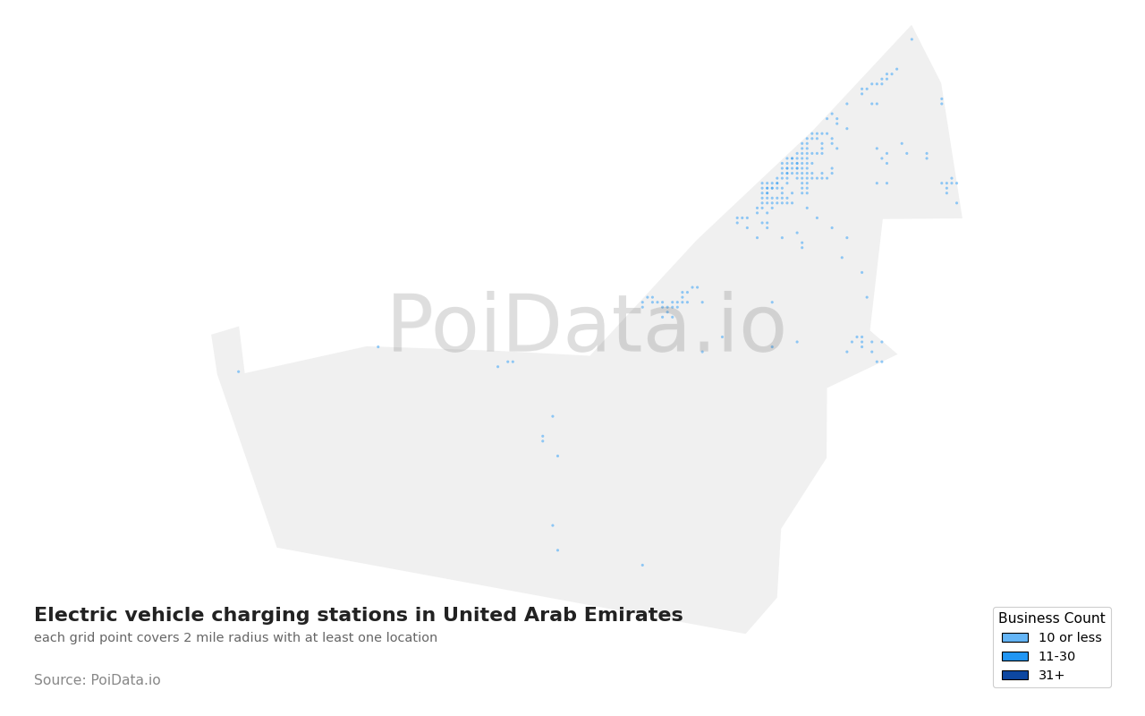 Electric vehicle charging station density map for United Arab Emirates