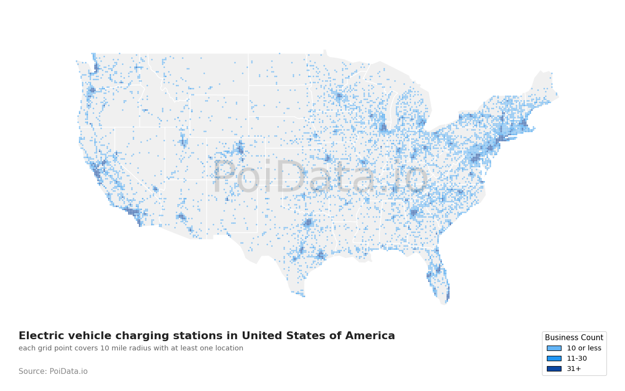 Electric vehicle charging station density map for Florida, United States