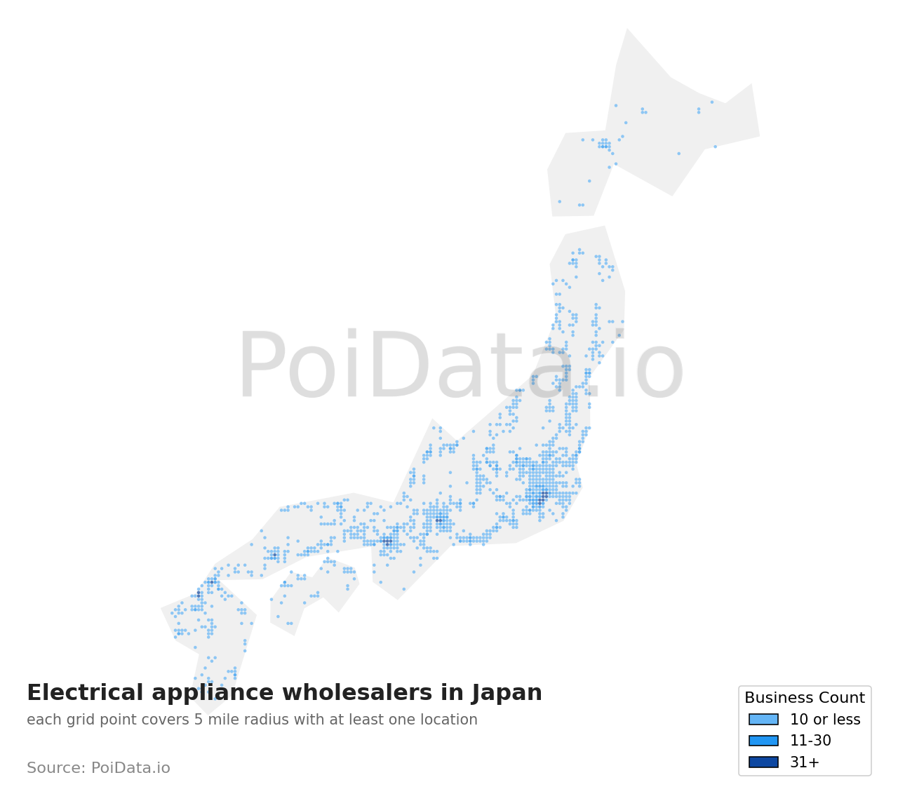 Electrical appliance wholesaler density map for Kasuya District, Fukuoka, Japan