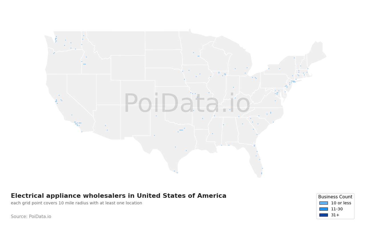 Electrical appliance wholesaler density map for United States