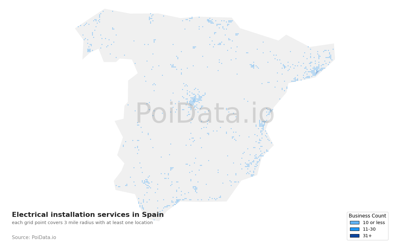 Electrical installation service density map for Spain