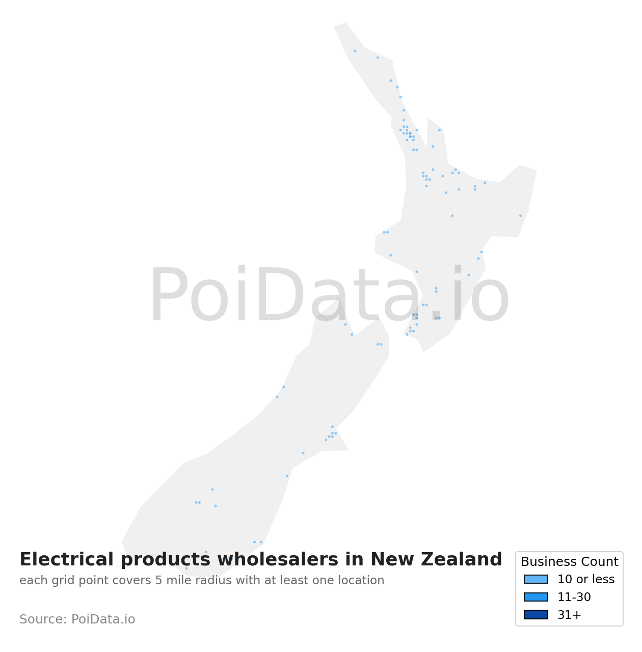 Electrical products wholesaler density map for New Zealand