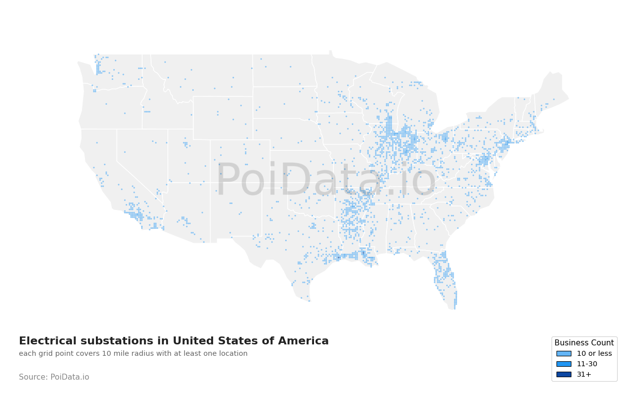 Electrical substation density map for Florida, United States