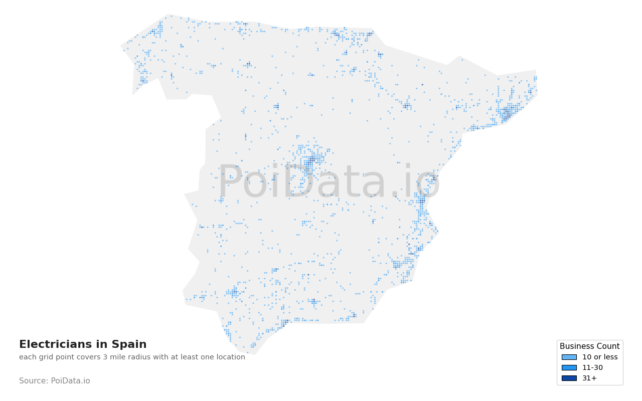 Electrician density map for Spain
