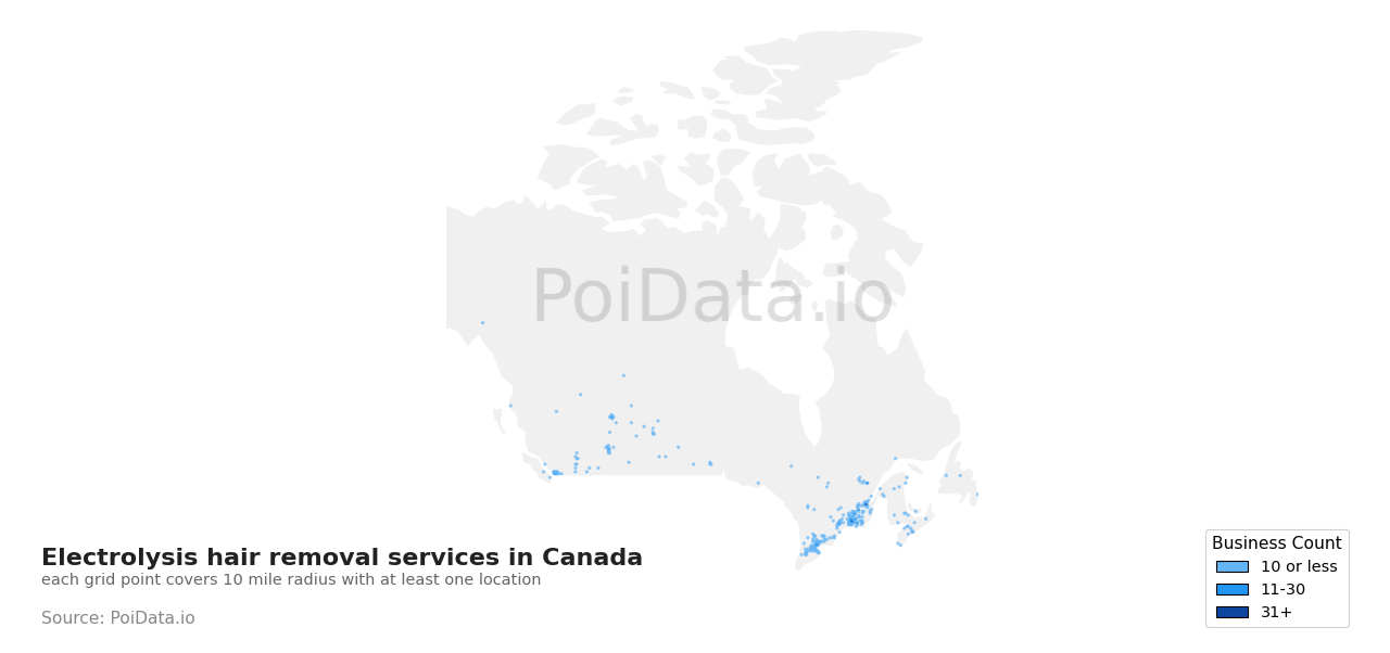 Electrolysis hair removal service density map for Quebec, Canada