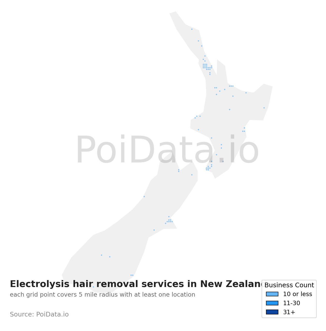 Electrolysis hair removal service density map for New Zealand