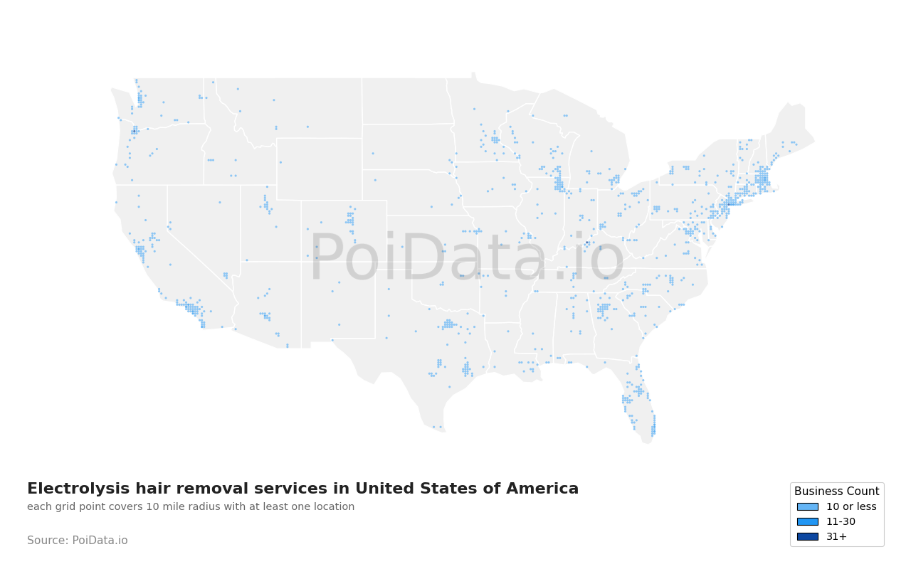 Electrolysis hair removal service density map for Florida, United States