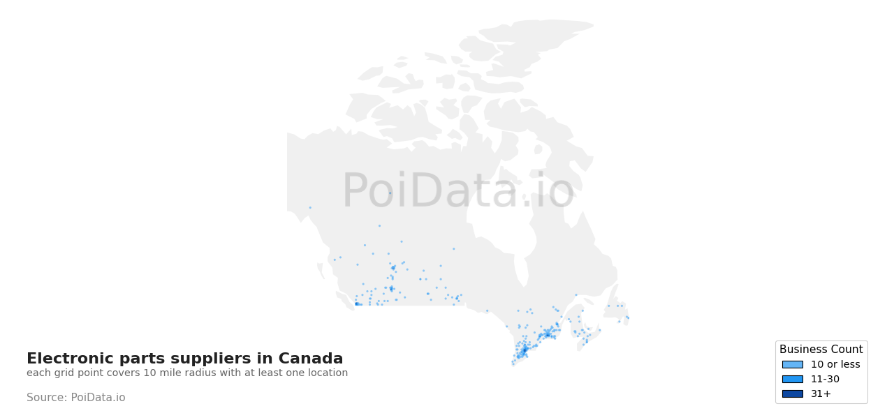 Electronic parts supplier density map for Canada