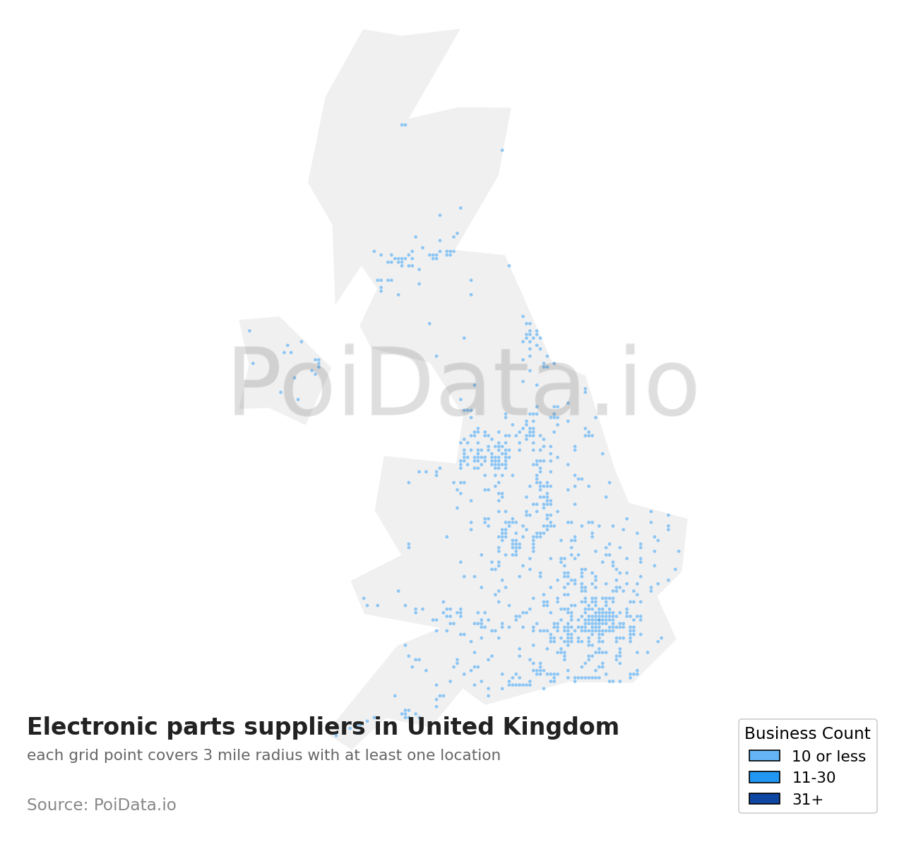 Electronic parts supplier density map for United Kingdom